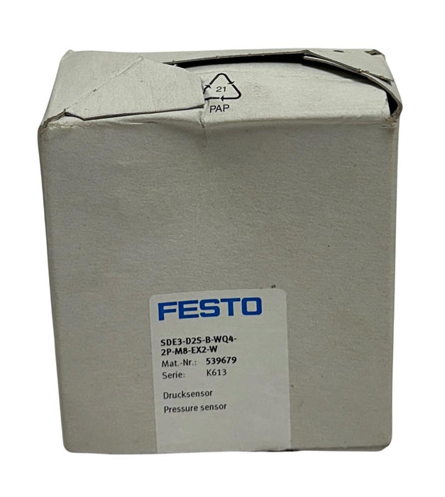 FESTO SDE3-D10S-B-WQ4-2P-M8-EX2-W / 539679 PRESSURE SENSOR W/ CABLE 541344 NSMP
