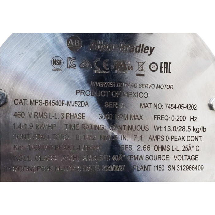 ALLEN BRADLEY MPS-B4540F-MJ52DA /A Kinetix STAINLESS STEEL SERVO MOTOR 460V NSNP