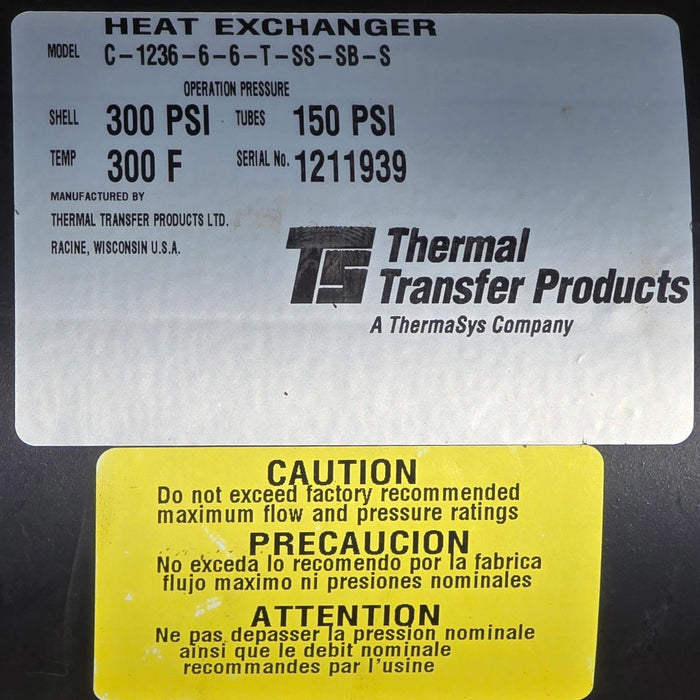 TTP THERMAL TRANSFER PRODUCTS C-1236-6-6-T-SS-SB-S HEAT EXCHANGER 2-PASS 97735