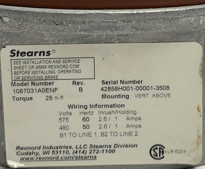 STEARNS 1087031A0ENF Rev. B BRAKE ASSEMBLY 25LB-FT VERTICAL MOUNT 480-575V NSNP