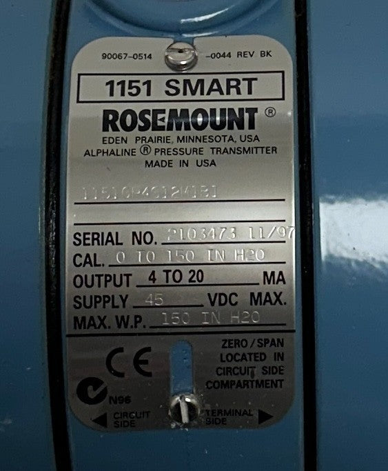 ROSEMOUNT 1151GP4S12M1B1 MODEL 1151 SMART PRESSURE LEVEL TRANSMITTER 45VDC NSMP