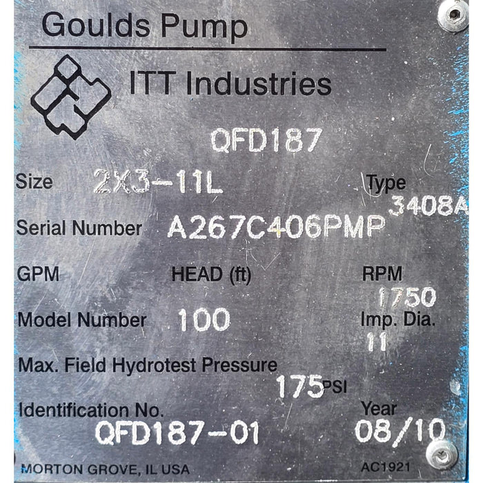 ITT GOULDS PUMP 3408A 2X3-11L DOUBLE SUCTION SPLIT CASE PUMP P/N QFD187 NSNP