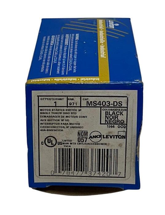 LEVITON MS403-DS / MS403DS INDUSTRIAL MOTOR STARTER SWITCH 3P BLACK 600V NSMP