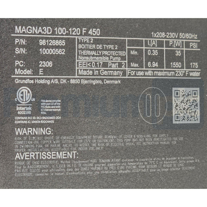 GRUNDFOS MAGNA3 D 100-120 GF 450 - 98126865 TWIN CIRCULATOR PUMP 165GPM 2HP/230V
