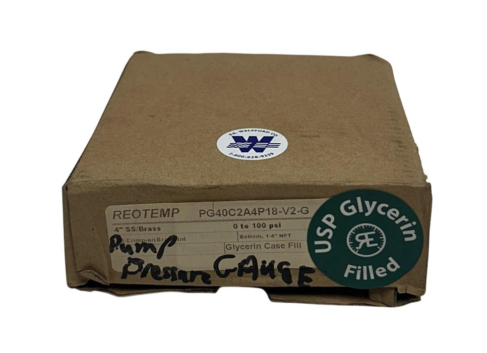 REOTEMP PG40C2A4P18-V2-G / PG40C2A4P18V2G PUMP GAUGE 4'' SS/BRASS 0-100PSI NSMP