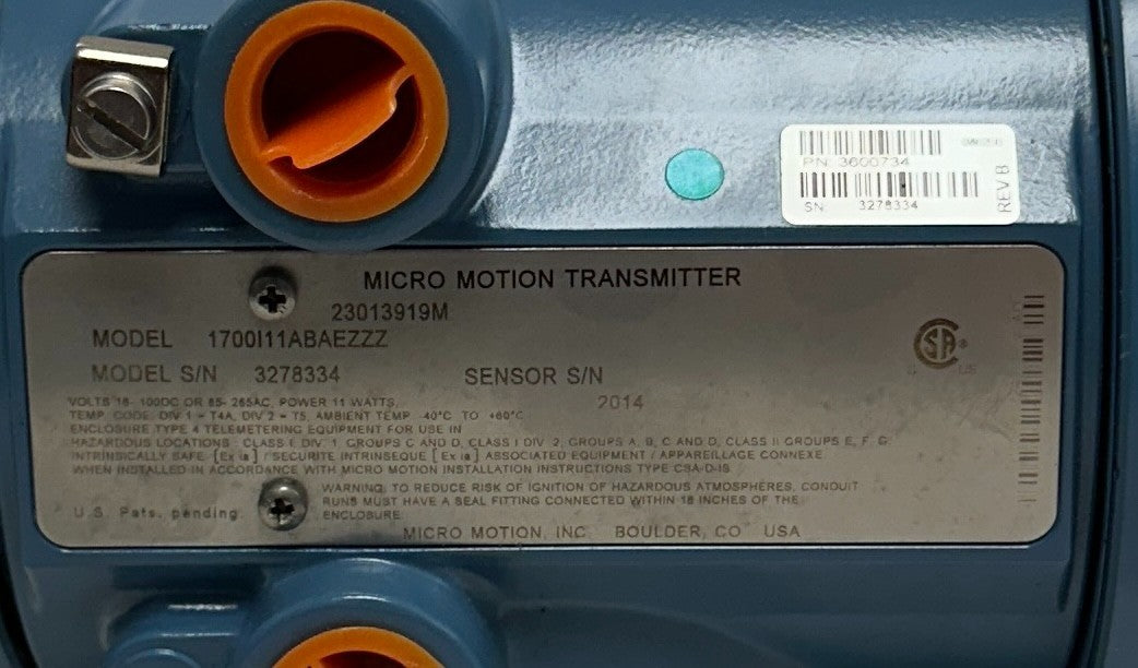 MICRO MOTION 1700I11ABAEZZZ / 23013919M / 3600734 FLOW TRANSMITTER 11W NSNP
