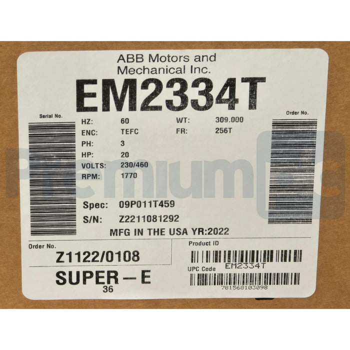 BALDOR ABB EM2334T SUPER-E MOTOR 20HP, 3PH, 230/460V, 1770RPM, 256T, TEFC NSMP