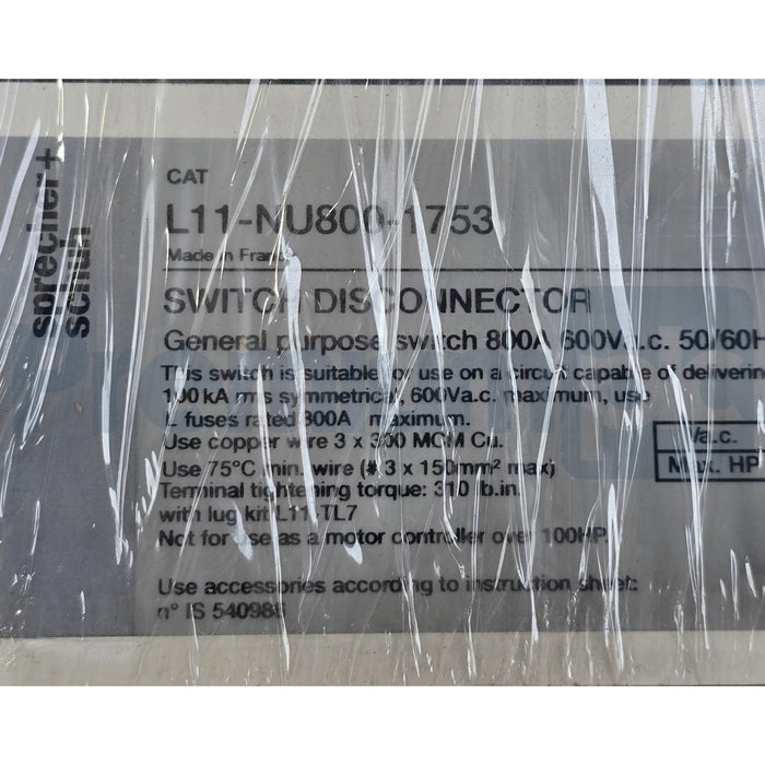 SPRECHER + SCHUH L11-NU800-1753 L11 DISCONNECT SWITCH 800A 600VAC PN-177166 NSMP