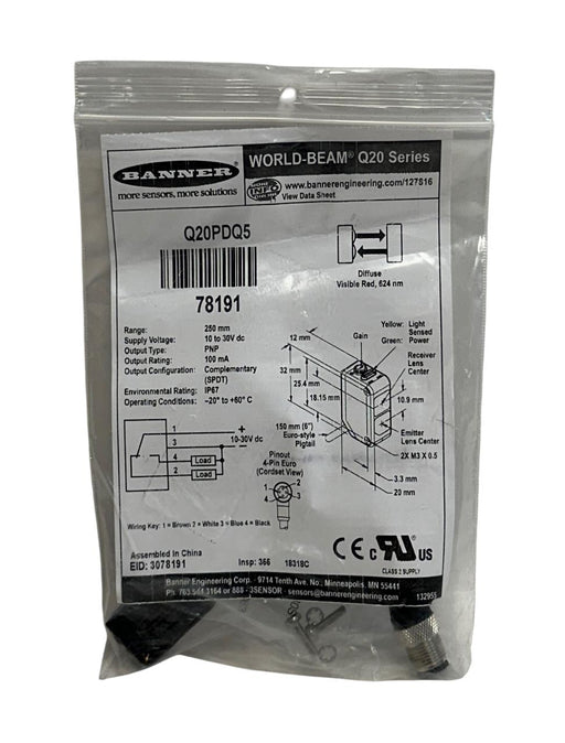 BANNER Q20PDQ5 / 78191 WORLD-BEAM Q20 SERIES PHOTOELECTRIC SENSOR 10-30VDC NSMP