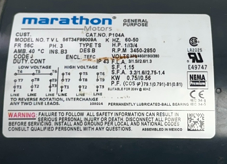 MARATHON 56T34F99009A / P104A GENERAL PURPOSE ELECTRIC MOTOR 3/4-1HP 3PH NSNP
