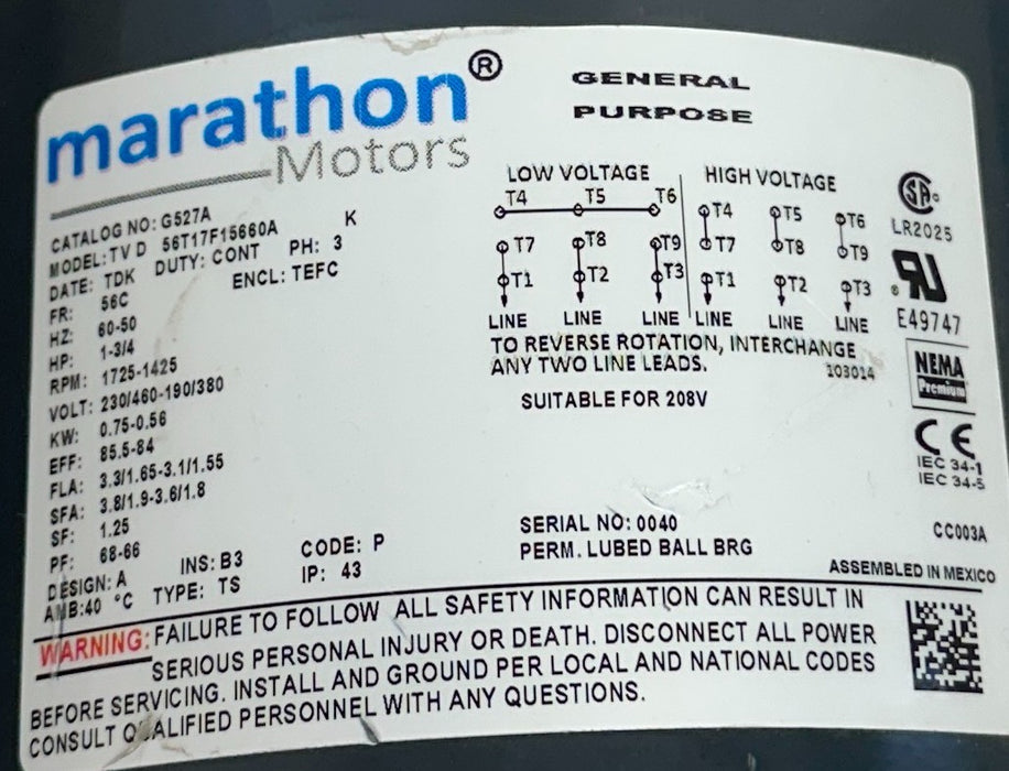MARATHON 56T17F15660A / G527A GENERAL PURPOSE ELECTRIC MOTOR 1-3/4HP 3PH NSNP
