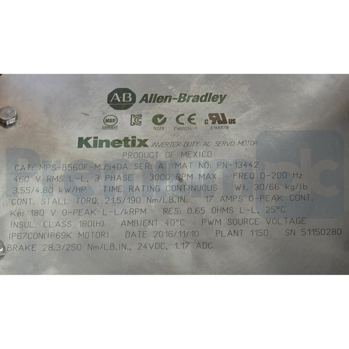 ALLEN BRADLEY MPS-B560F-MJ54DA /A Kinetix MPS S/S SERVO MOTOR 460V w/BRAKE NSMP