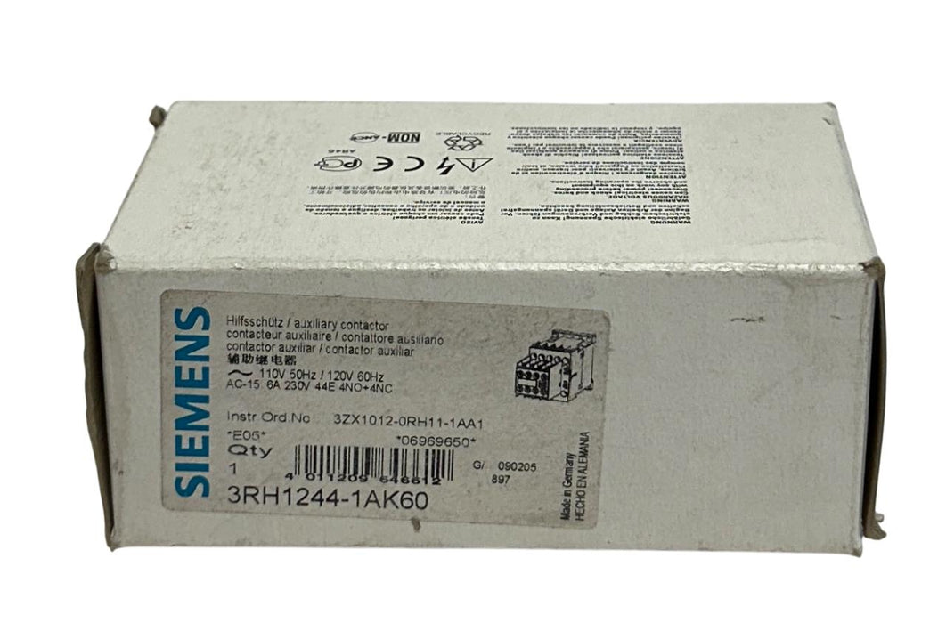 SIEMENS 3RH1244-1AK60 / 3RH12441AK60 AUXILIARY CONTACTOR 110-120VAC 6A NSMP