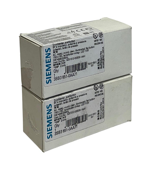 2 SIEMENS 3SB3 651-0AA71 / 3SB36510AA71 ILLUMINATED PUSHBUTTONS 110V CLEAR NSMP