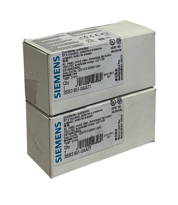 2 SIEMENS 3SB3 651-0AA71 / 3SB36510AA71 ILLUMINATED PUSHBUTTONS 110V CLEAR NSMP