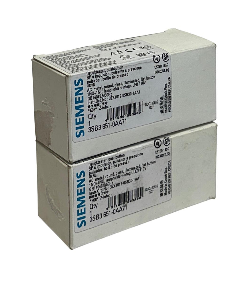 2 SIEMENS 3SB3 651-0AA71 / 3SB36510AA71 ILLUMINATED PUSHBUTTONS 110V CLEAR NSMP