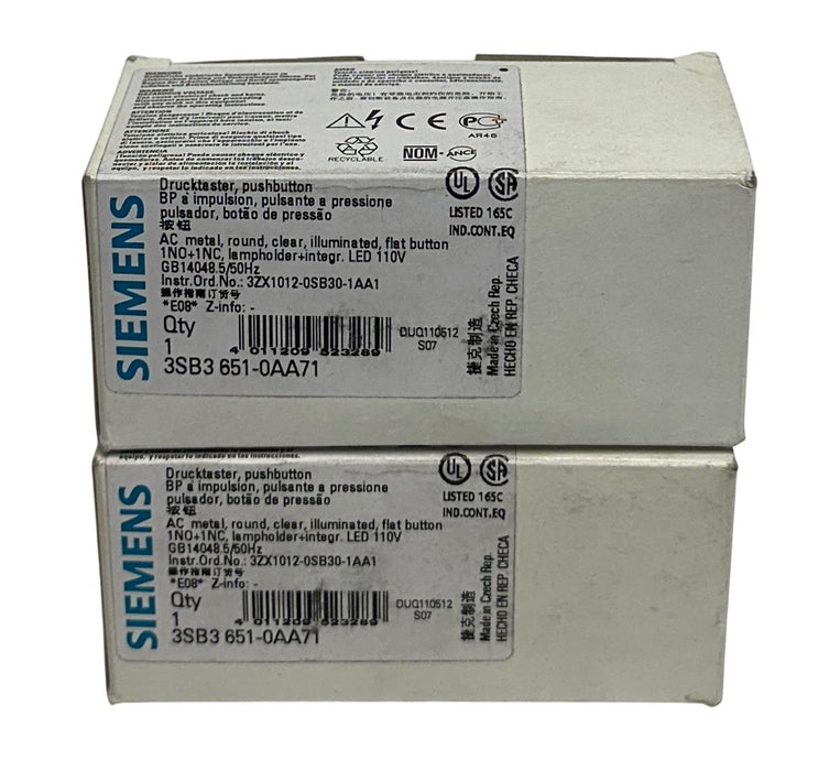 2 SIEMENS 3SB3 651-0AA71 / 3SB36510AA71 ILLUMINATED PUSHBUTTONS 110V CLEAR NSMP