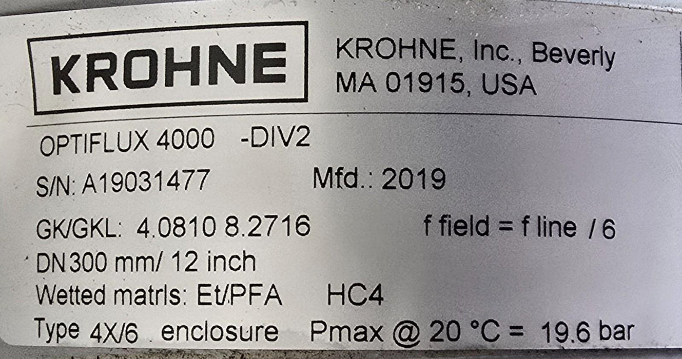 KROHNE DN300 mm / 12" inch ELECTROMAGNETIC FLOW METER OPTIFLUX 4000-DIV2 NSMP