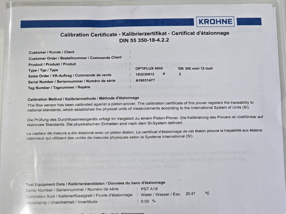KROHNE DN300 mm / 12" inch ELECTROMAGNETIC FLOW METER OPTIFLUX 4000-DIV2 NSMP