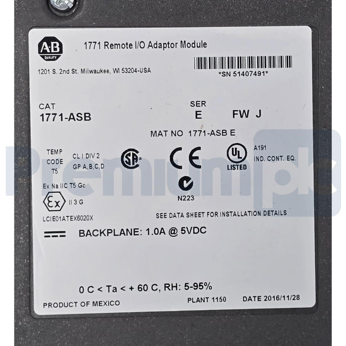 ALLEN BRADLEY 1771-ASB /E PLC-5 REMOTE I/0 ADAPTER MODULE 1771ASB F/W REV J NSNP