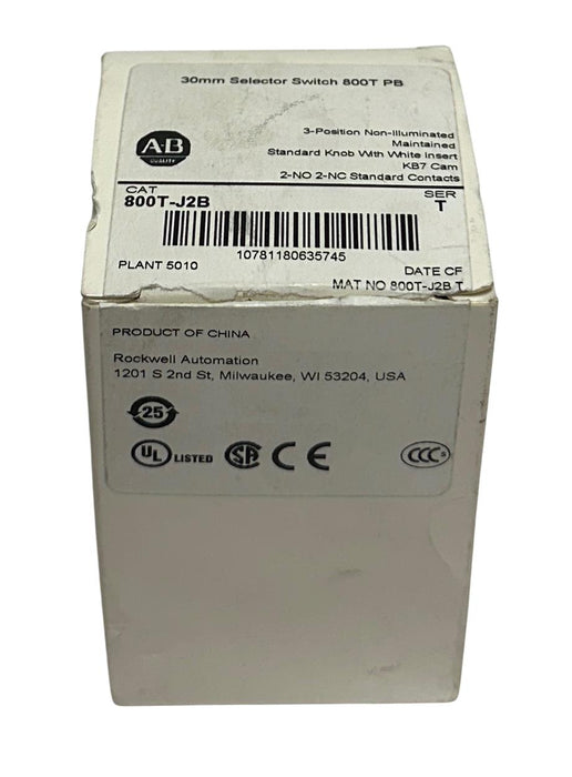 ALLEN BRADLEY 800T-J2B /T BULLETIN 800T 30mm SELECTOR SWITCH 3-POS 2NO/2NC NSMP