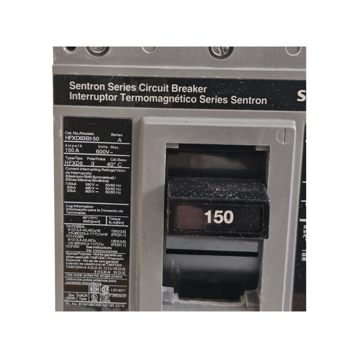 SIEMENS HFXD63B150 SENTRON CIRCUIT BREAKER 3P/150A/600V~/65kA@480V~ w/TRIP NSMP