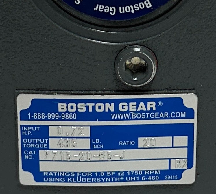 BOSTON GEAR F715-20-B5-J / 51908 RIGHT ANGLE WORM GEAR REDUCER 20:1 / .72HP NSNP