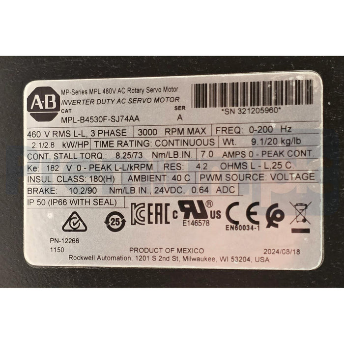 ALLEN BRADLEY MPL-B4530F-SJ74AA /A Kinetix MPL AC SERVO MOTOR 460V w/BRAKE NSMP