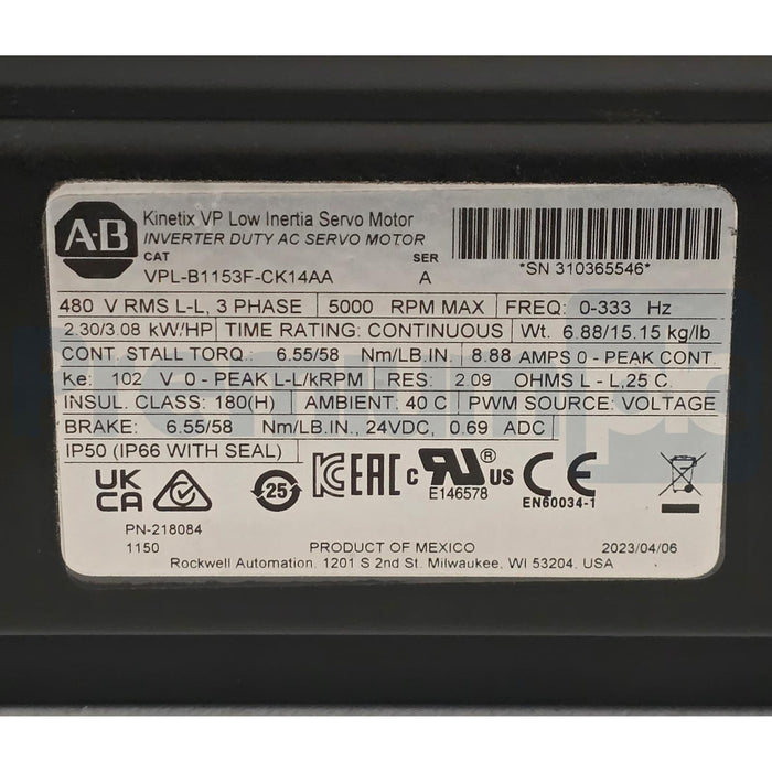 ALLEN BRADLEY VPL-B1153F-CK14AA /A Kinetix AC SERVO MOTOR 480V W/BRAKE 24V NSMP