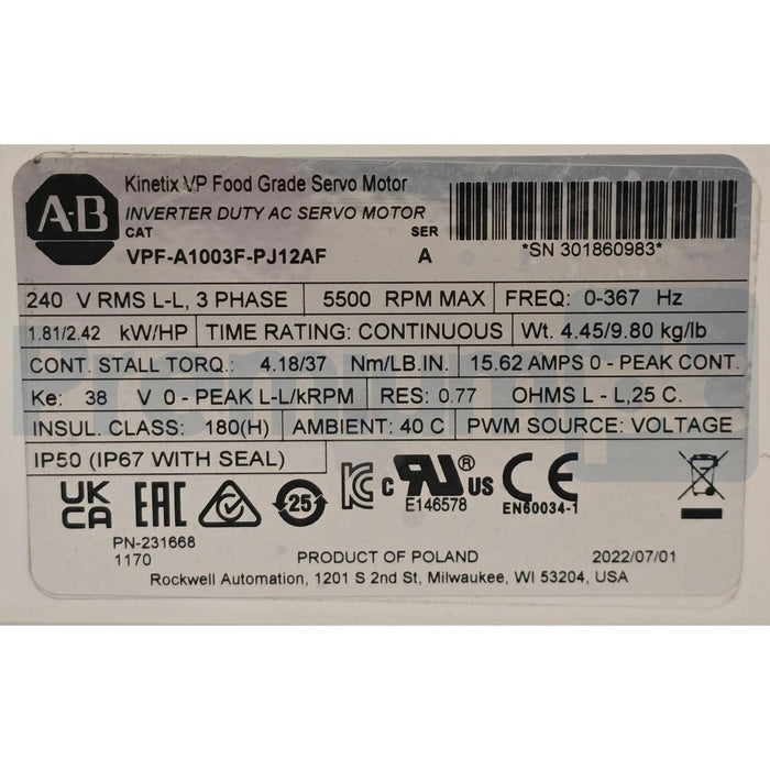 ALLEN BRADLEY VPF-A1003F-PJ12AF /A Kinetix VPF SERVO MOTOR w/CONE DRIVE RG20125