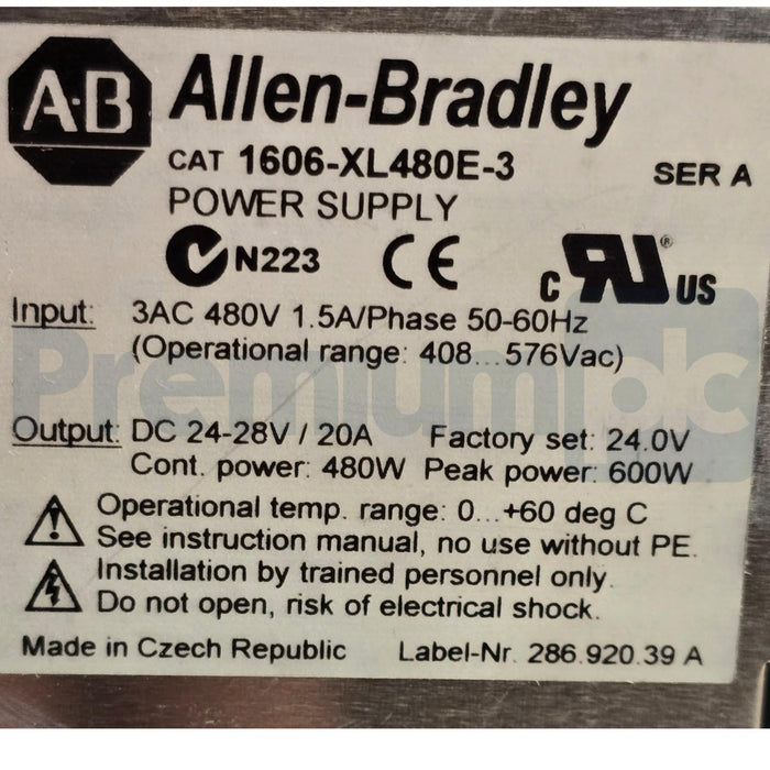 ALLEN BRADLEY 1606-XL480E-3 /A DC POWER SUPPLY 480W, 3AC 480V, 24V/20A NSMP