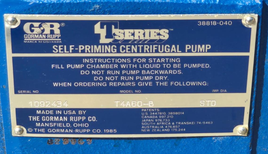 GORMAN-RUPP PUMPS T4A60-B STD 4"X4" T-SERIES SELF PRIMING CENTRIFUGAL PUMP NSNP