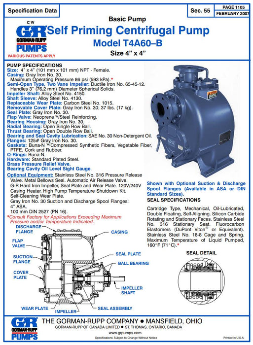 GORMAN-RUPP PUMPS T4A60-B STD 4"X4" T-SERIES SELF PRIMING CENTRIFUGAL PUMP NSNP