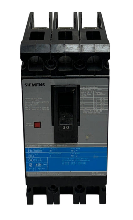 SIEMENS ED43B030 Sentron SERIES CIRCUIT BREAKER 30A 480V MAX ED4 3-POLE USNP