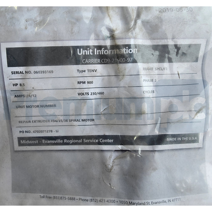 CARRIER VIBRANETICS CD9-21900-97 8.5HP EXTRUDER VIBRATING/VIBRATOR SPIRAL MOTOR
