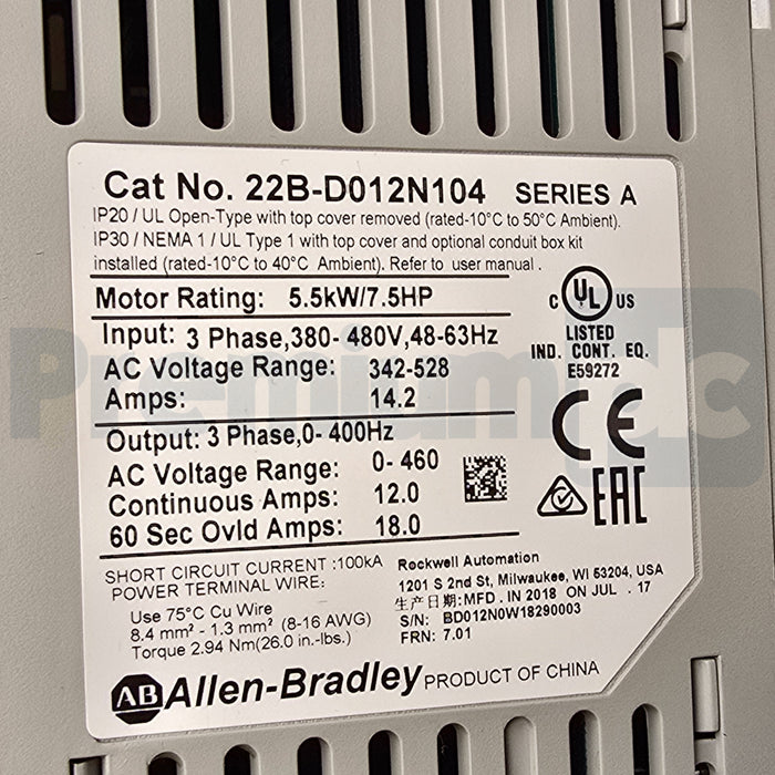 ALLEN BRADLEY 22B-D012N104 /A PowerFlex 40 AC DRIVE 5.5kW/7.5HP 12A NSMP (read)