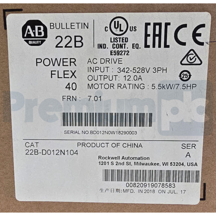 ALLEN BRADLEY 22B-D012N104 /A PowerFlex 40 AC DRIVE 5.5kW/7.5HP 12A NSMP (read)