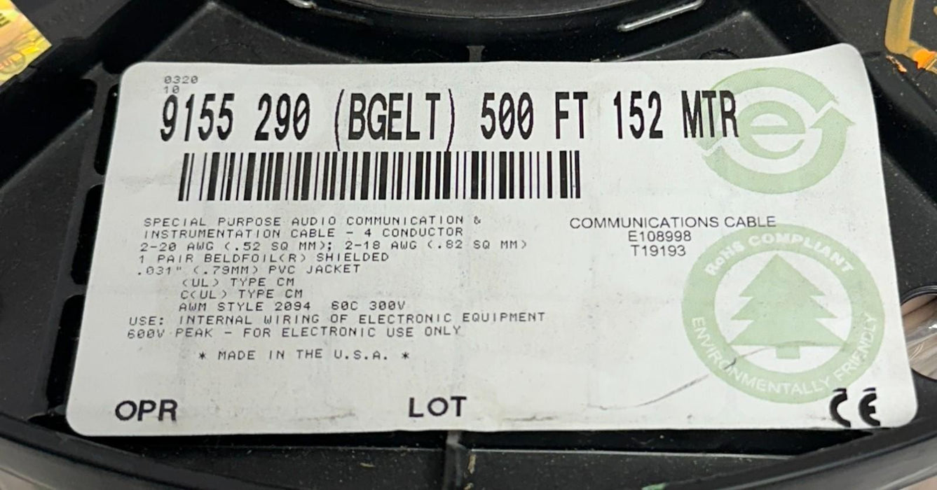 BELDEN 9155 290500 / 9155 290 (BGELT) 500FT 132MTR COMMUNICATIONS CABLE NSMP