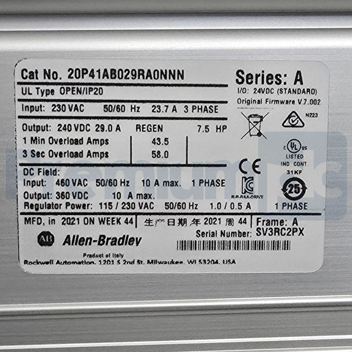 ALLEN BRADLEY 20P41AB029RA0NNN /A PowerFlex DC DRIVE 240VAC 3PH/29A 7.5HP NSMP