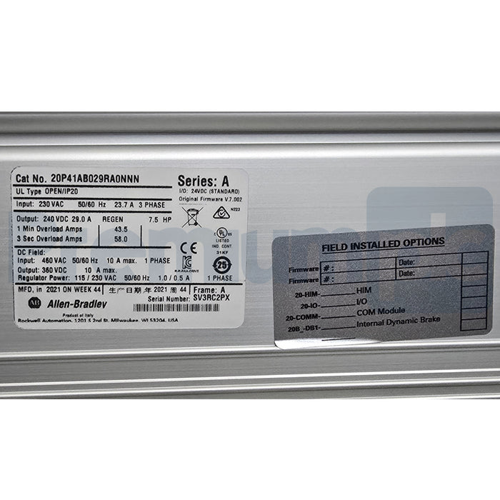 ALLEN BRADLEY 20P41AB029RA0NNN /A PowerFlex DC DRIVE 240VAC 3PH/29A 7.5HP NSMP