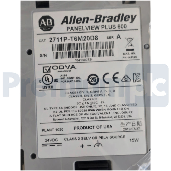 ALLEN BRADLEY 2711P-T6M20D8 /A PanelView Plus 6 600 TERMINAL TOUCH SCREEN NSMP