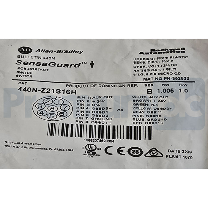 Allen Bradley 440N-Z21S16H /B SensaGuard 18mm NC Safety Switch Sensor 24VDC NSFS