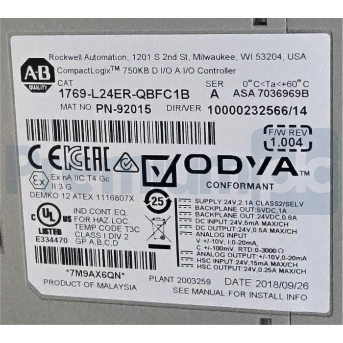 Allen Bradley 1769-L24ER-QBFC1B /A CompactLogix 5370 L2 750KB Controller NSMP