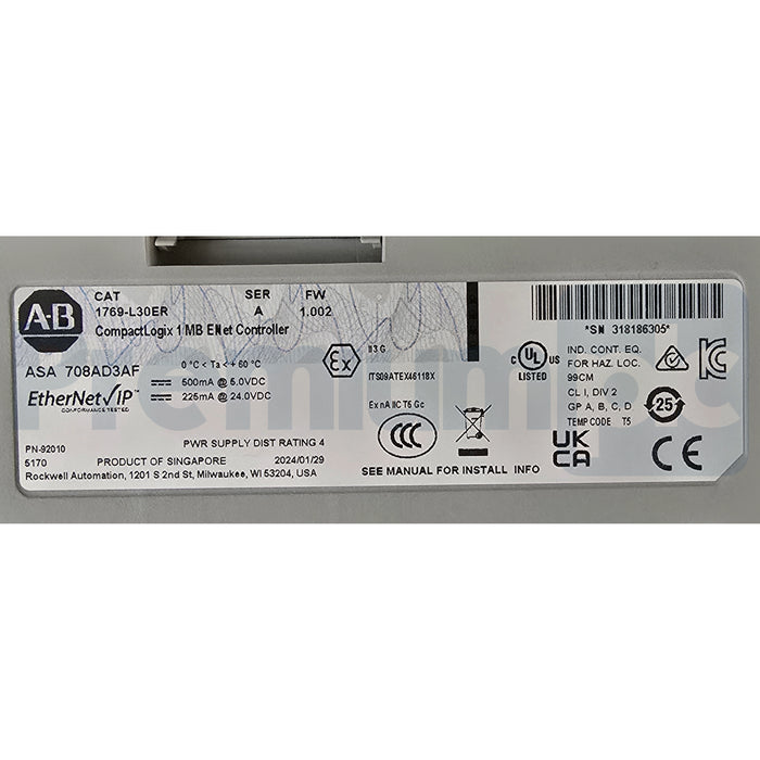 Allen-Bradley 1769-L30ER /A CompactLogix 5370 L3 ENet Controller 1 MB 2024 NSMP