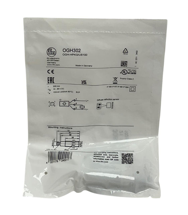IFM ELECTRONIC OGH-HPKG/US100 / OGH302 DIFFUSE REFLECTION SENSOR 10-36VDC NSFS