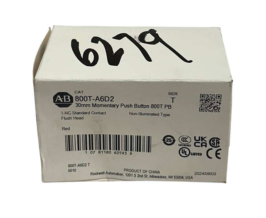 ALLEN BRADLEY 800T-A6D2 /T 30mm MOMENTARY PUSH BUTTON 800T FLUSH HEAD RED NSMP