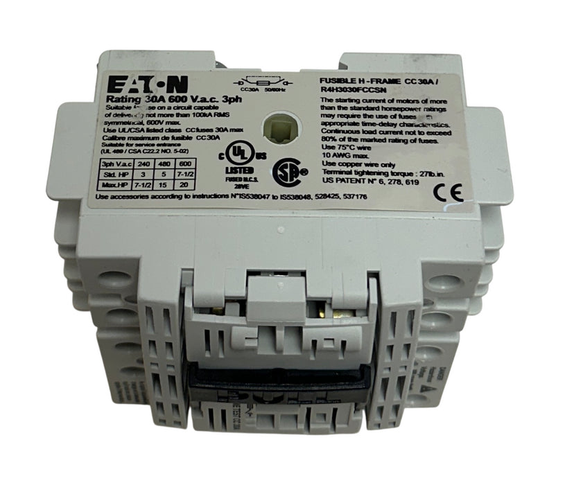 EATON R4H3030FCCSN FUSIBLE ROTARY DISCONNECT H-FRAME 30A CC 3P 600VAC NSMP