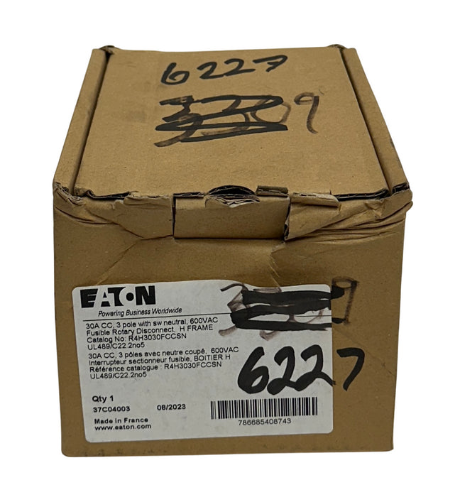 EATON R4H3030FCCSN FUSIBLE ROTARY DISCONNECT H-FRAME 30A CC 3P 600VAC NSMP