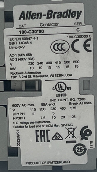 Allen Bradley 100-C30D00 /C IEC Contactor 30A 600V 120VAC COIL 100-C30*00 NSNP