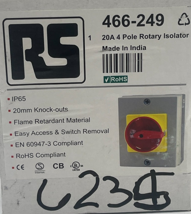RS PRO 466-249 ROTARY ISOLATOR DISCONNECT SWITCH 20A 4 Pole IP65 466249 NSMP